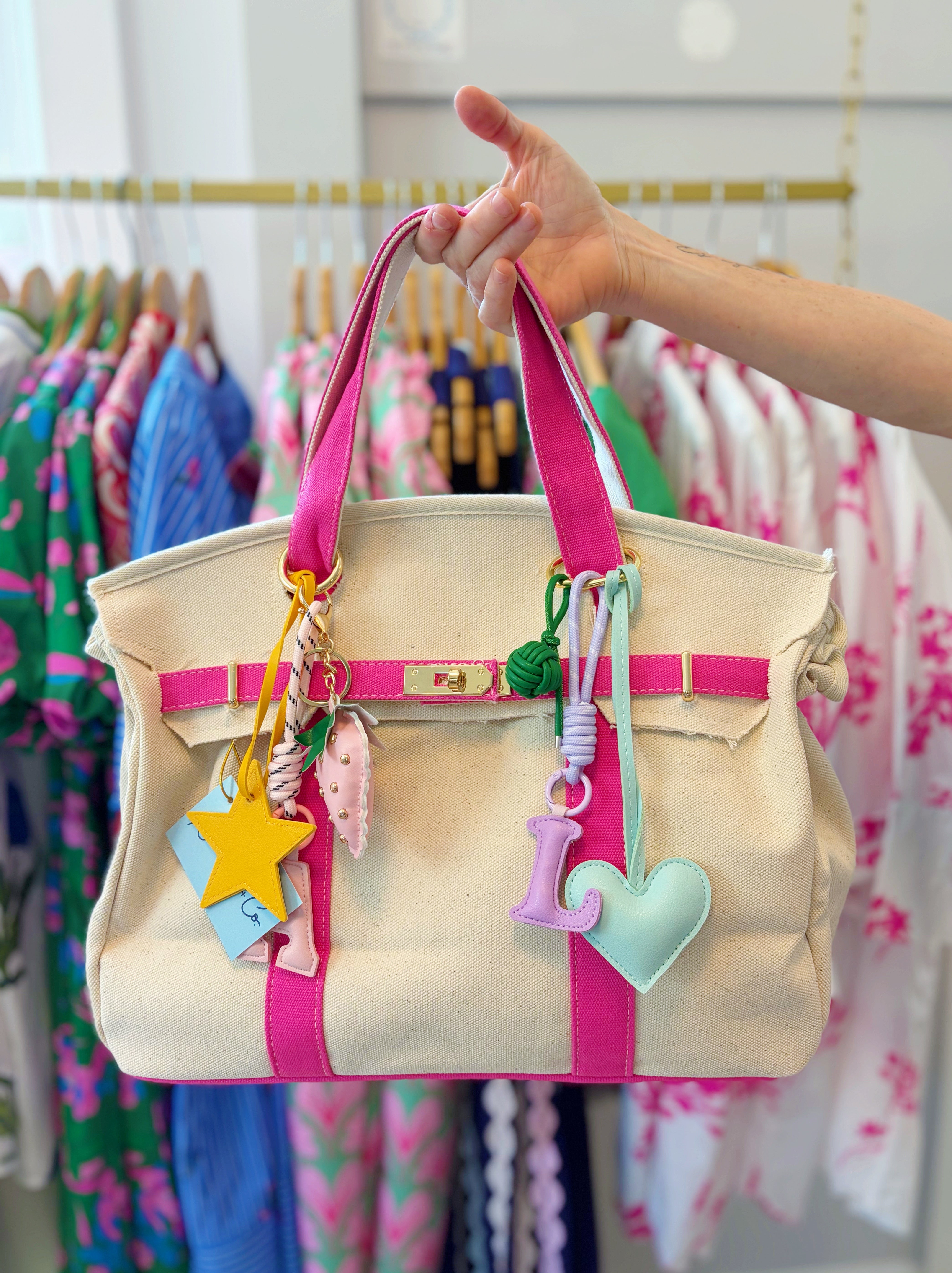 Boat tote Birkin bag with colorful bag charms