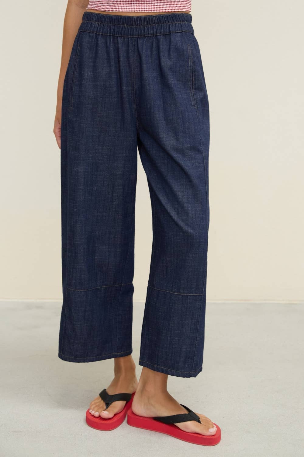 Smocked Waist Wide Leg Denim Pants in Navy