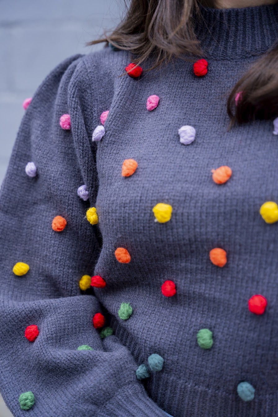 Ink Rainbow Pom Pom Mock Neck Sweater