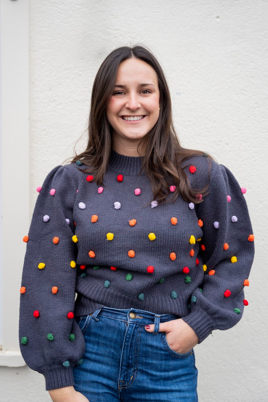 Ink Rainbow Pom Pom Mock Neck Sweater