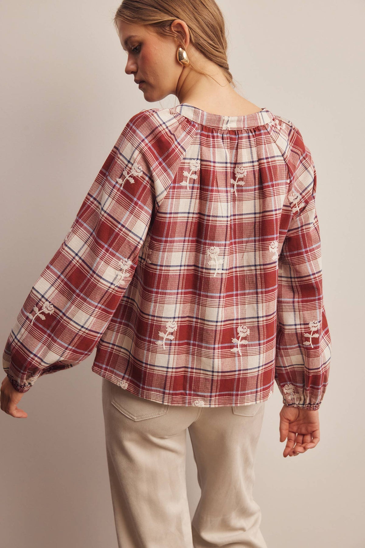 Embroidered Plaid Tie Neck Blouse