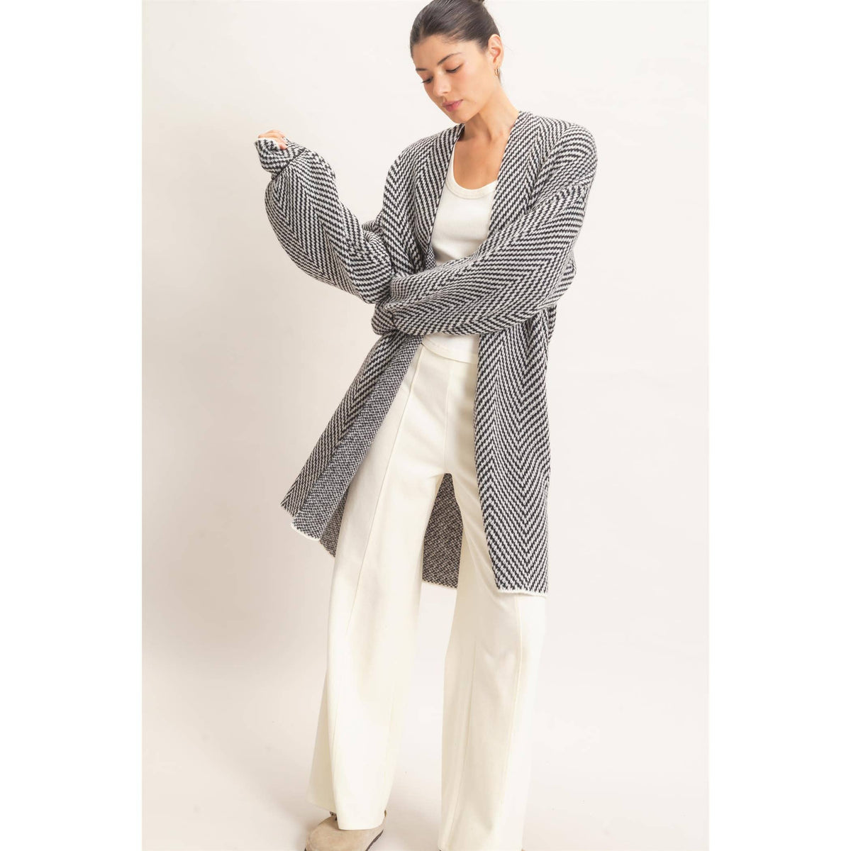 Black Herringbone Open-Front Cardigan