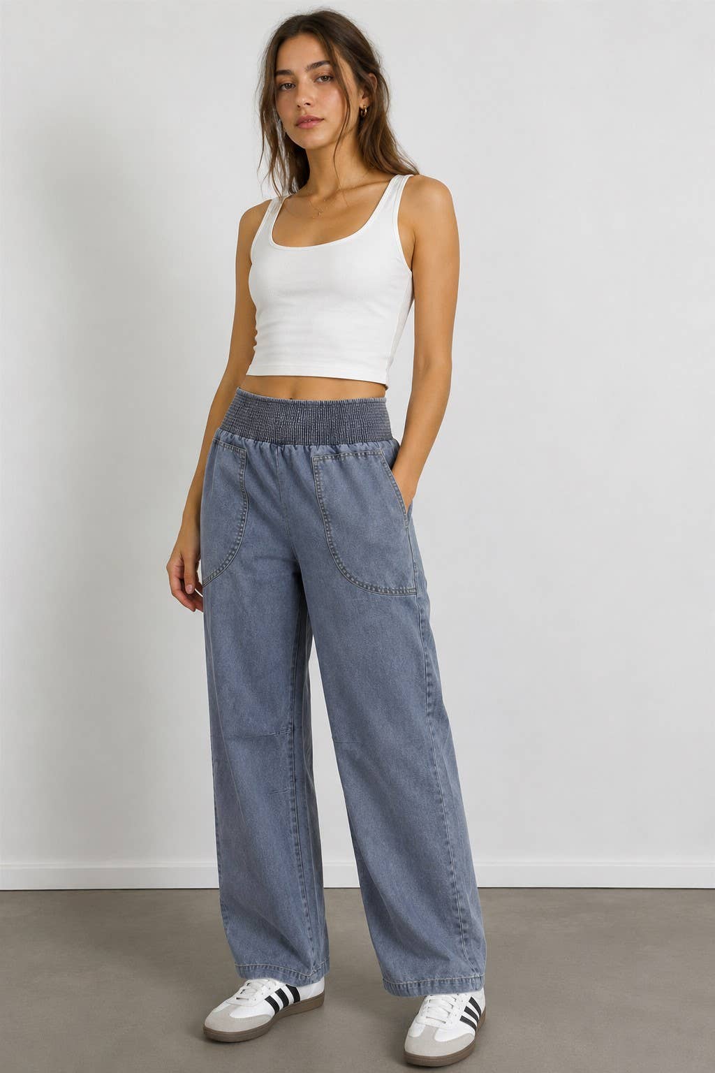 Smocked Waist Relaxed Denim Pants