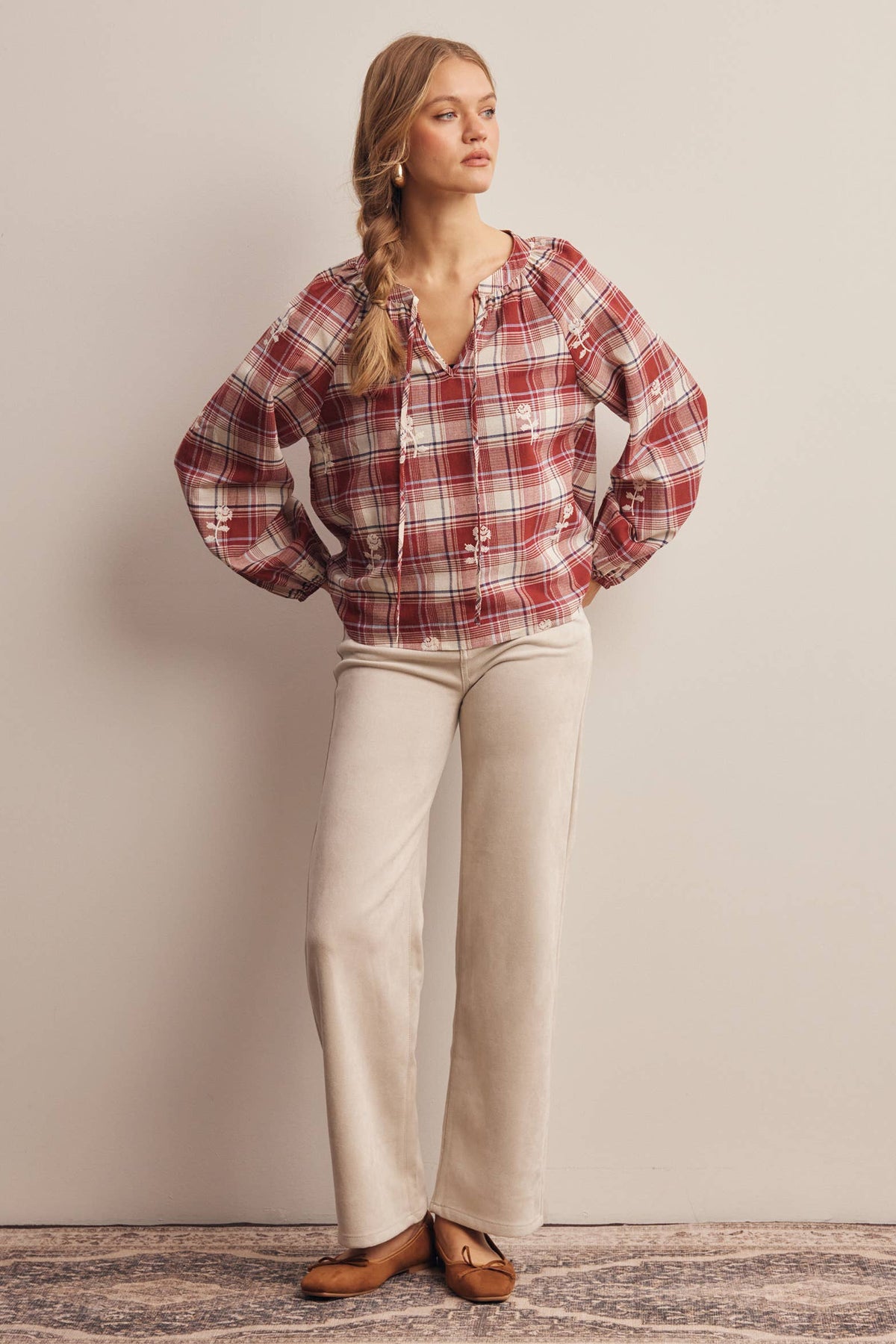 Embroidered Plaid Tie Neck Blouse