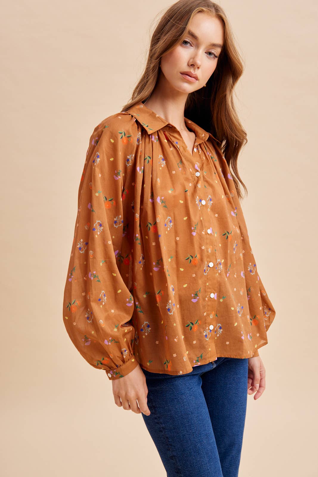 Floral Sepia Button Down Blouse