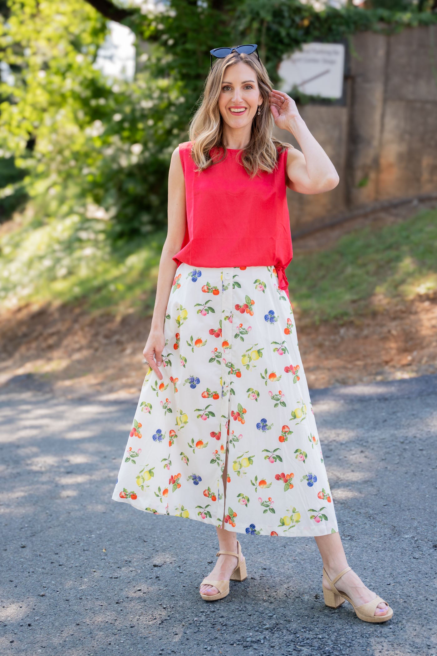 Fruit Print Button-Front Skirt