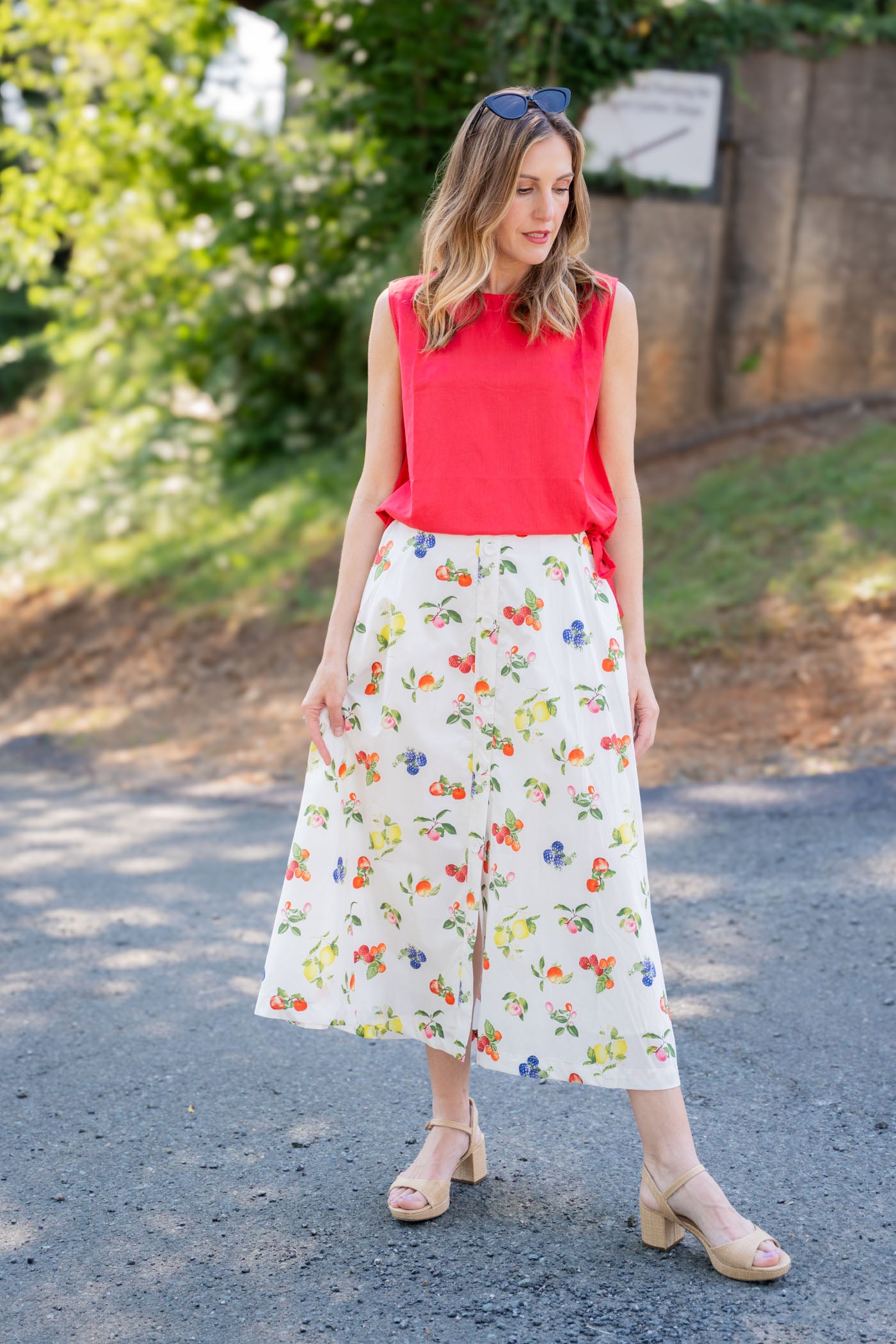 Fruit Print Button-Front Skirt