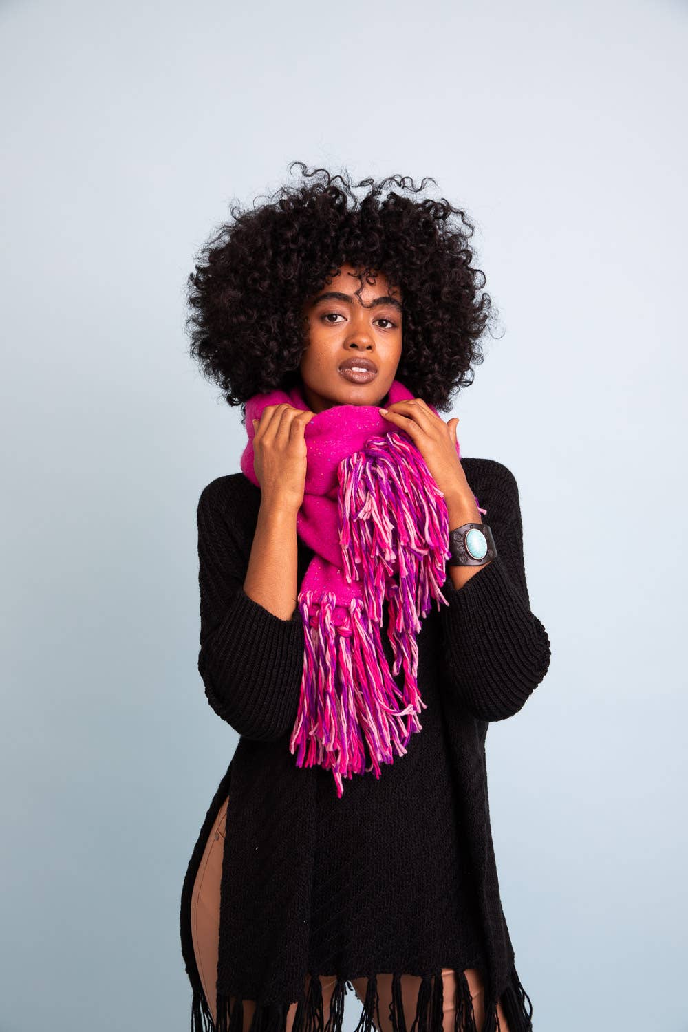 Fuchsia Speckle Frayed Border Bohemian Scarf