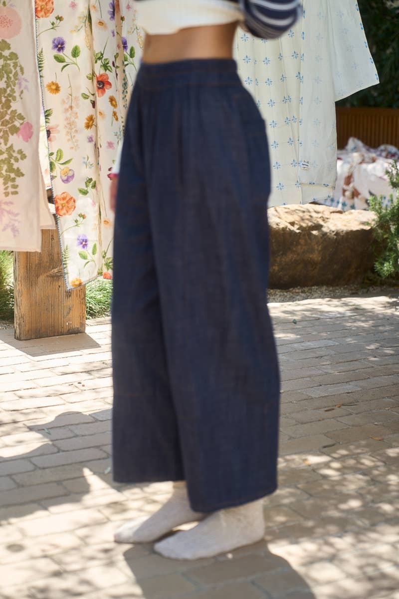 Smocked Waist Wide Leg Denim Pants in Navy