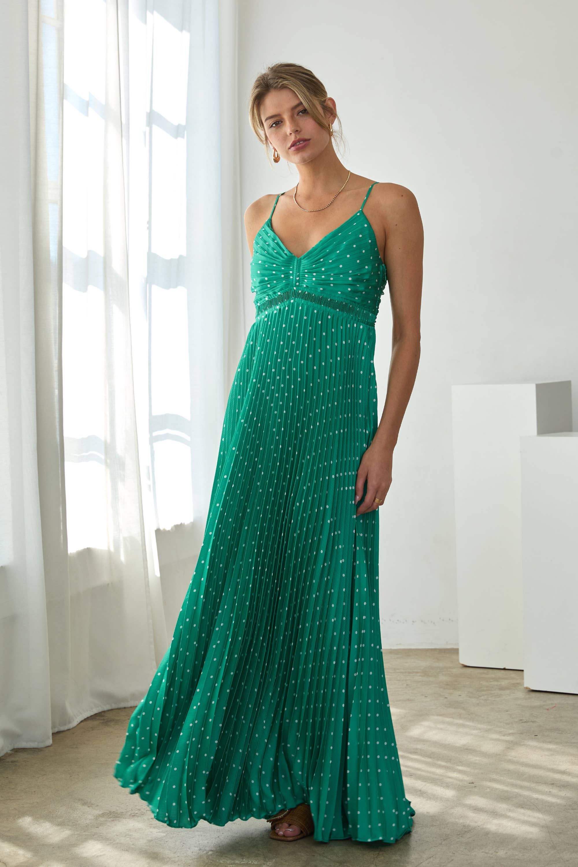 Polka Dot Pleated Maxi Dress