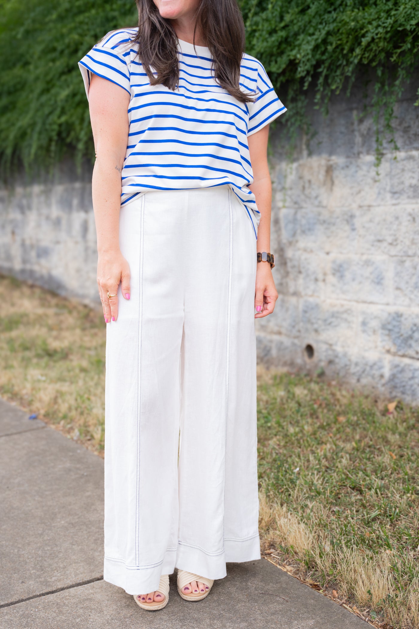 Stitch Detailed Wide Leg Linen Pants