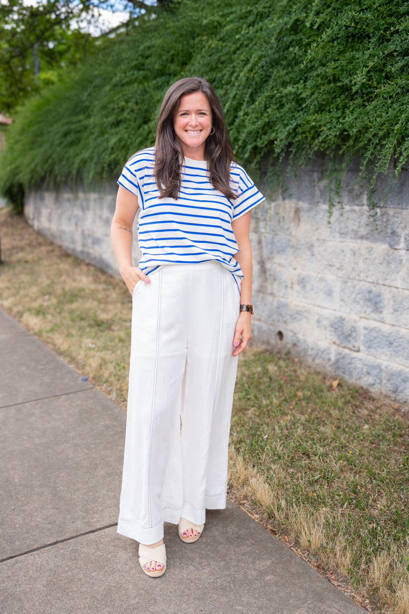 Stitch Detailed Wide Leg Linen Pants