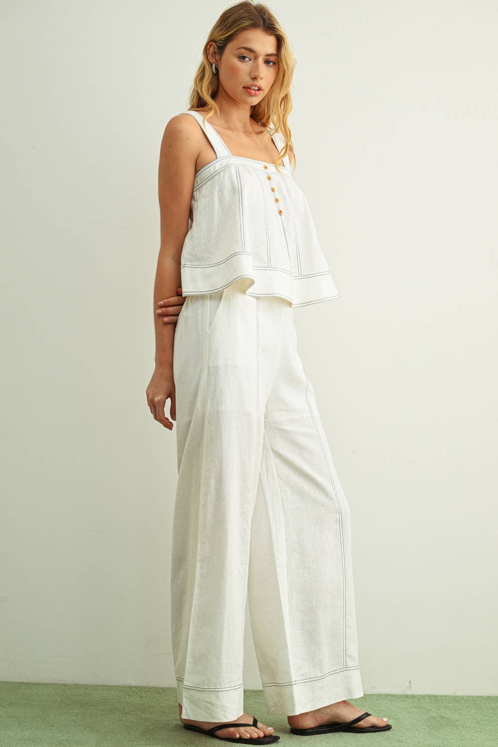 Stitch Detailed Wide Leg Linen Pants