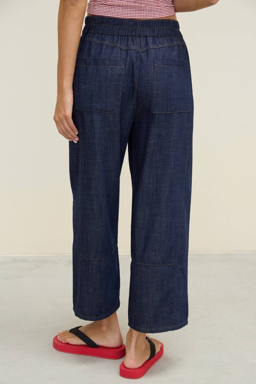 Smocked Waist Wide Leg Denim Pants in Navy