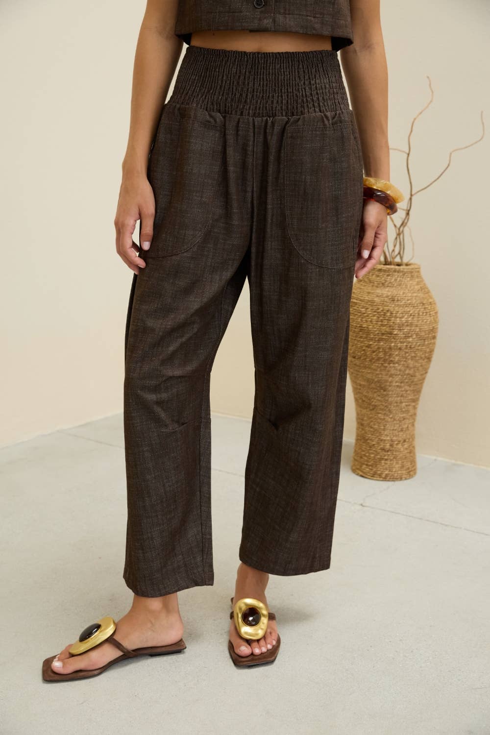 Smocked Waist Straight Leg Pants in Brown