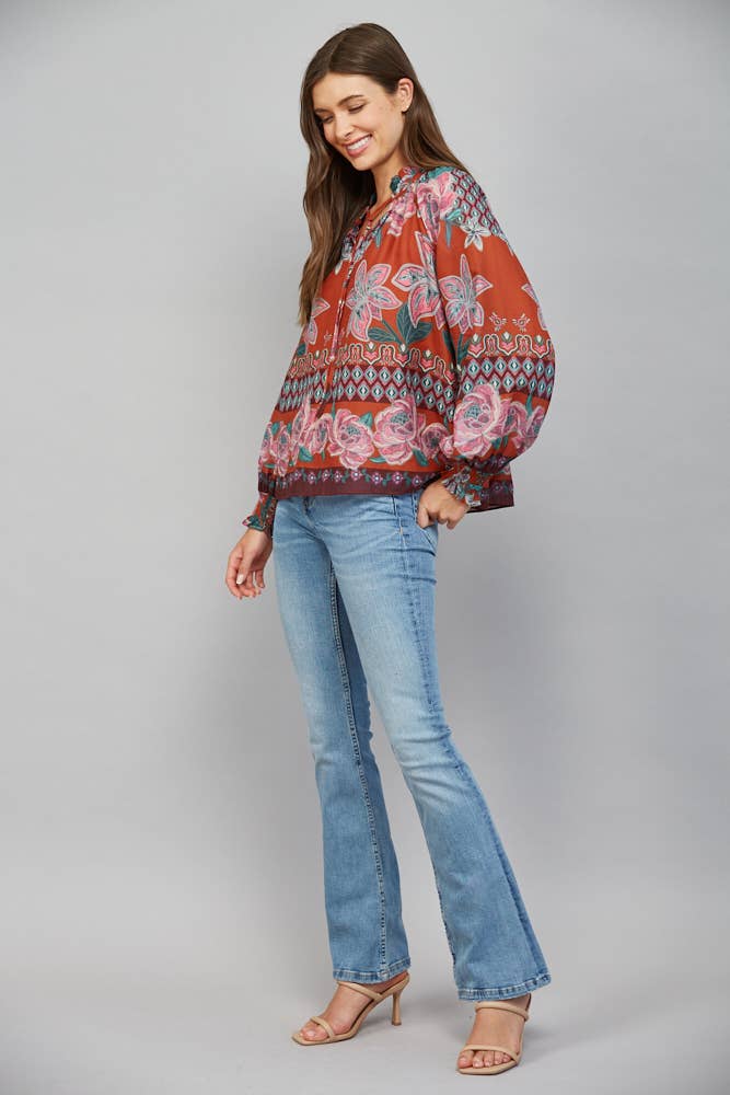 Rust Floral Tie Neck Blouse