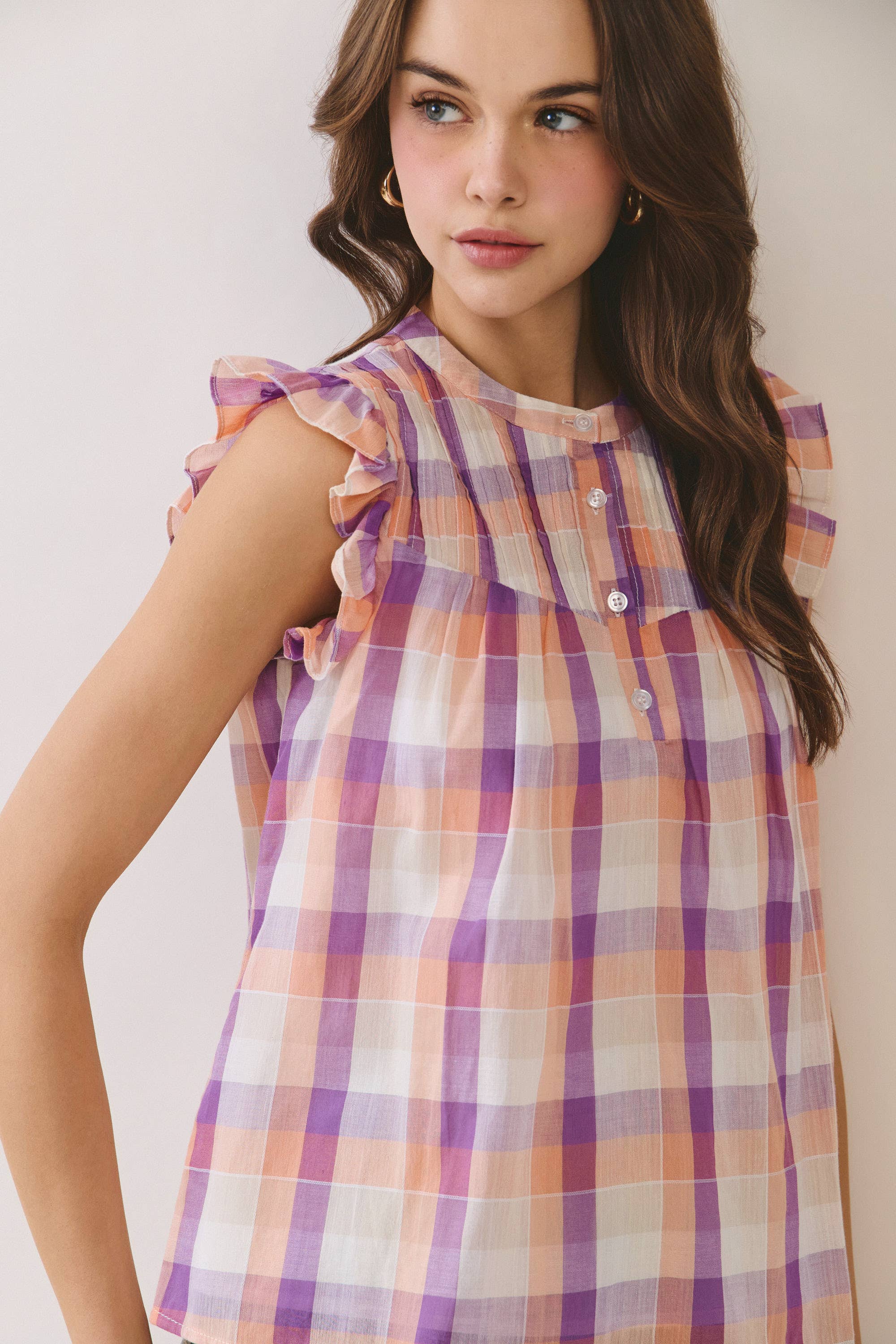 Peach Plaid Flutter Sleeve Top