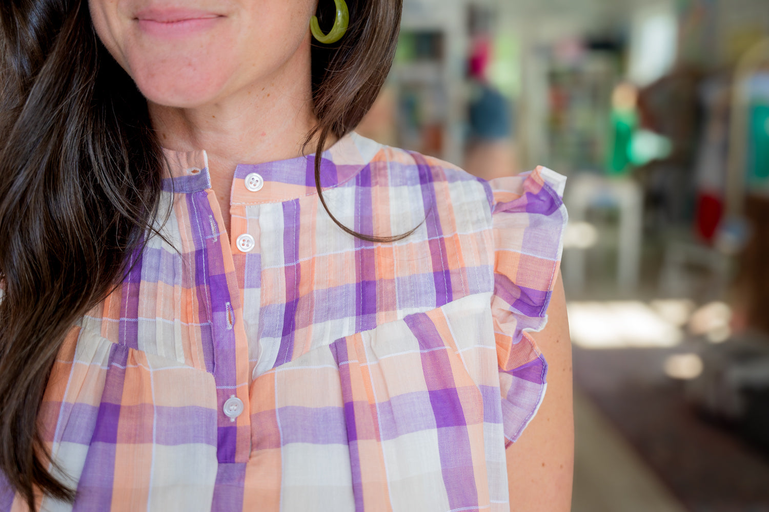 Peach Plaid Flutter Sleeve Top