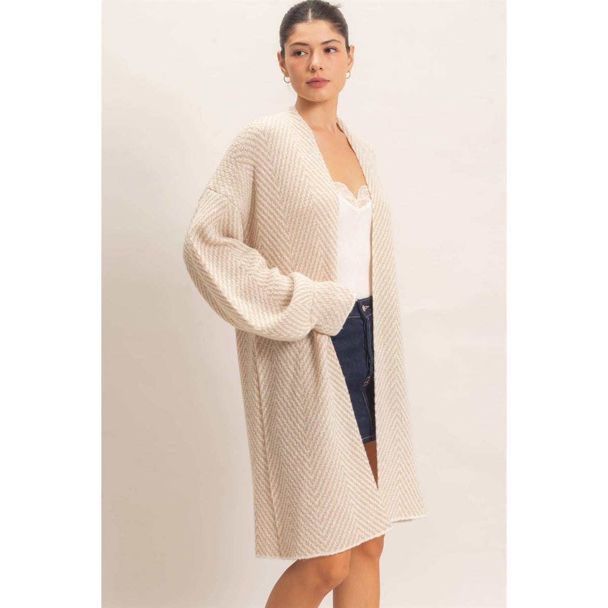 Taupe Herringbone Open-Front Cardigan