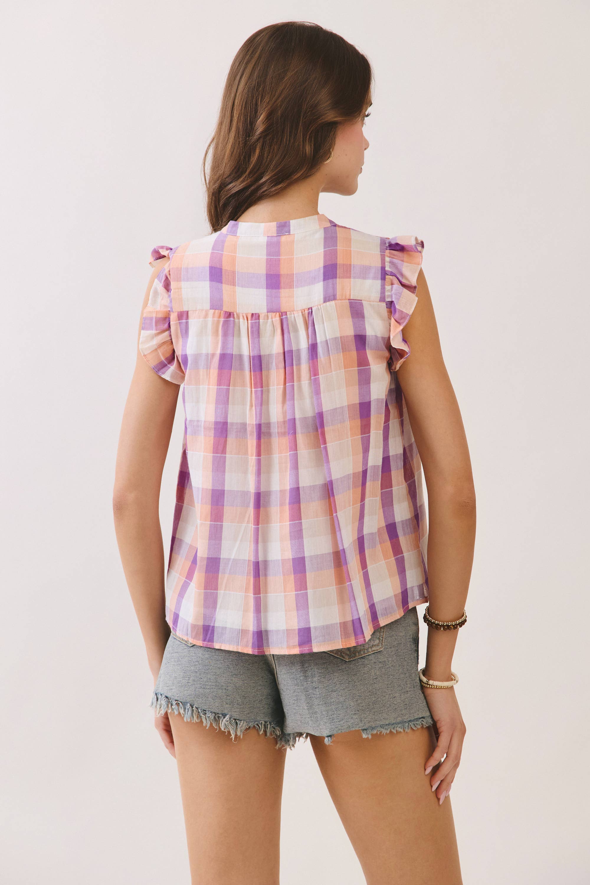 Peach Plaid Flutter Sleeve Top