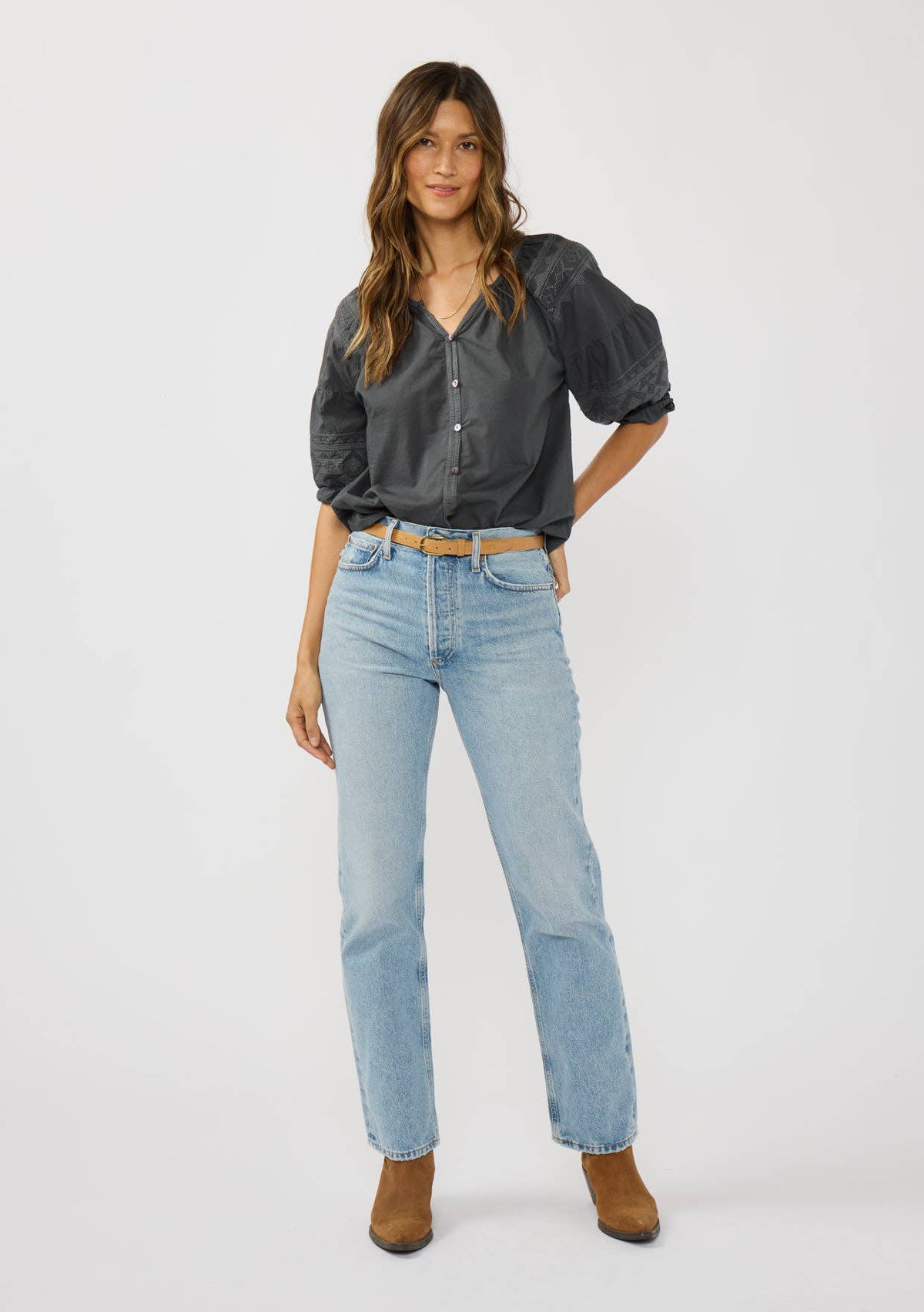 Grey Puff Sleeve Blouse