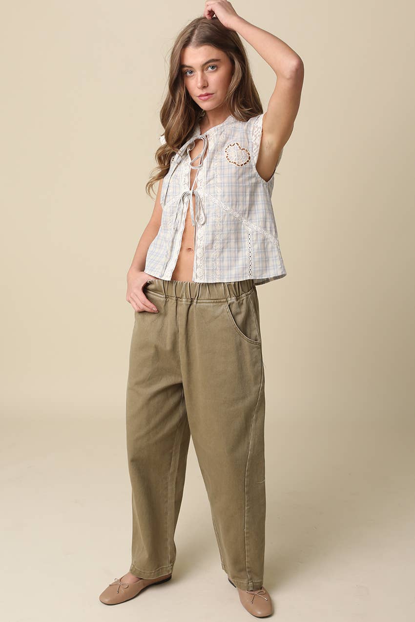 Zoey Elastic-Waist Baggy Pants: Lt Olive