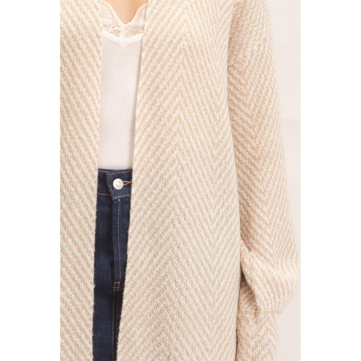 Taupe Herringbone Open-Front Cardigan