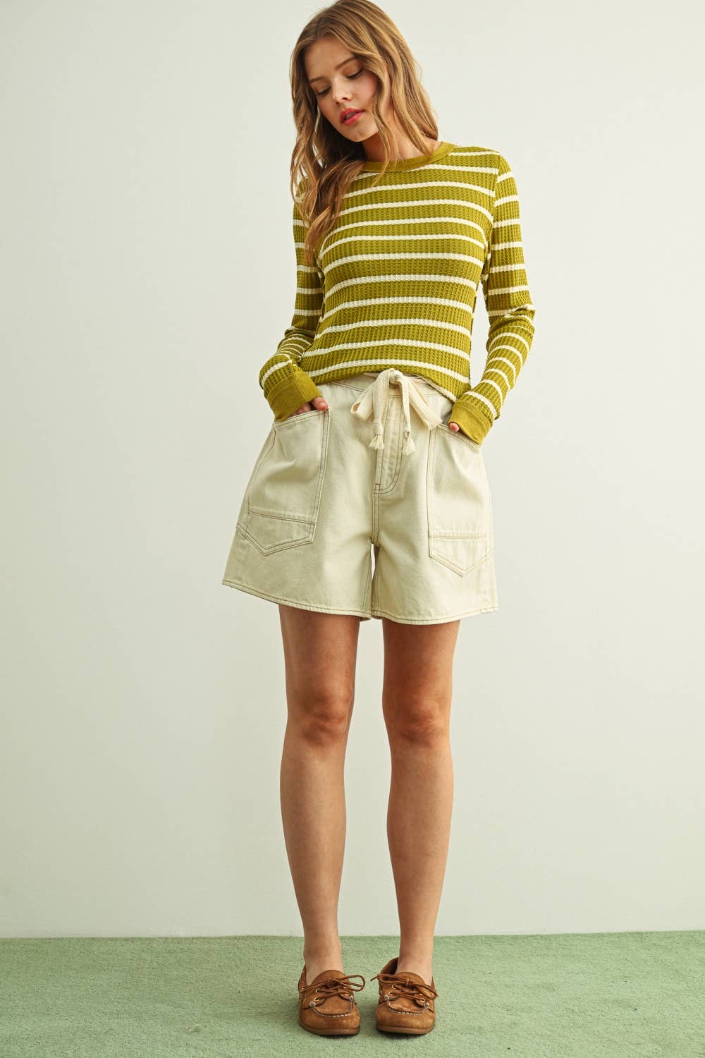 Green Olive Waffle Knit Top