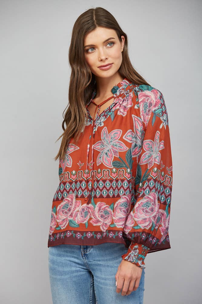 Rust Floral Tie Neck Blouse