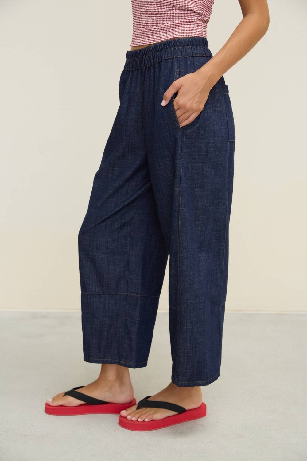 Smocked Waist Wide Leg Denim Pants in Navy