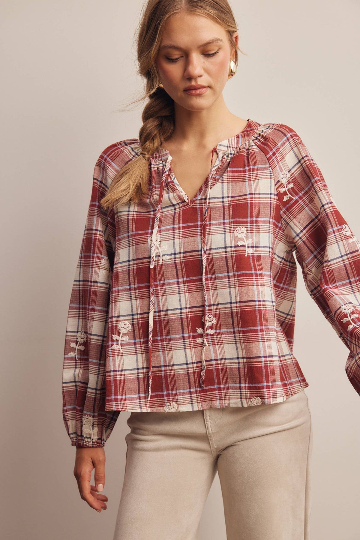 Embroidered Plaid Tie Neck Blouse