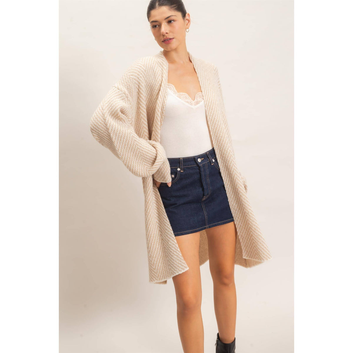 Taupe Herringbone Open-Front Cardigan