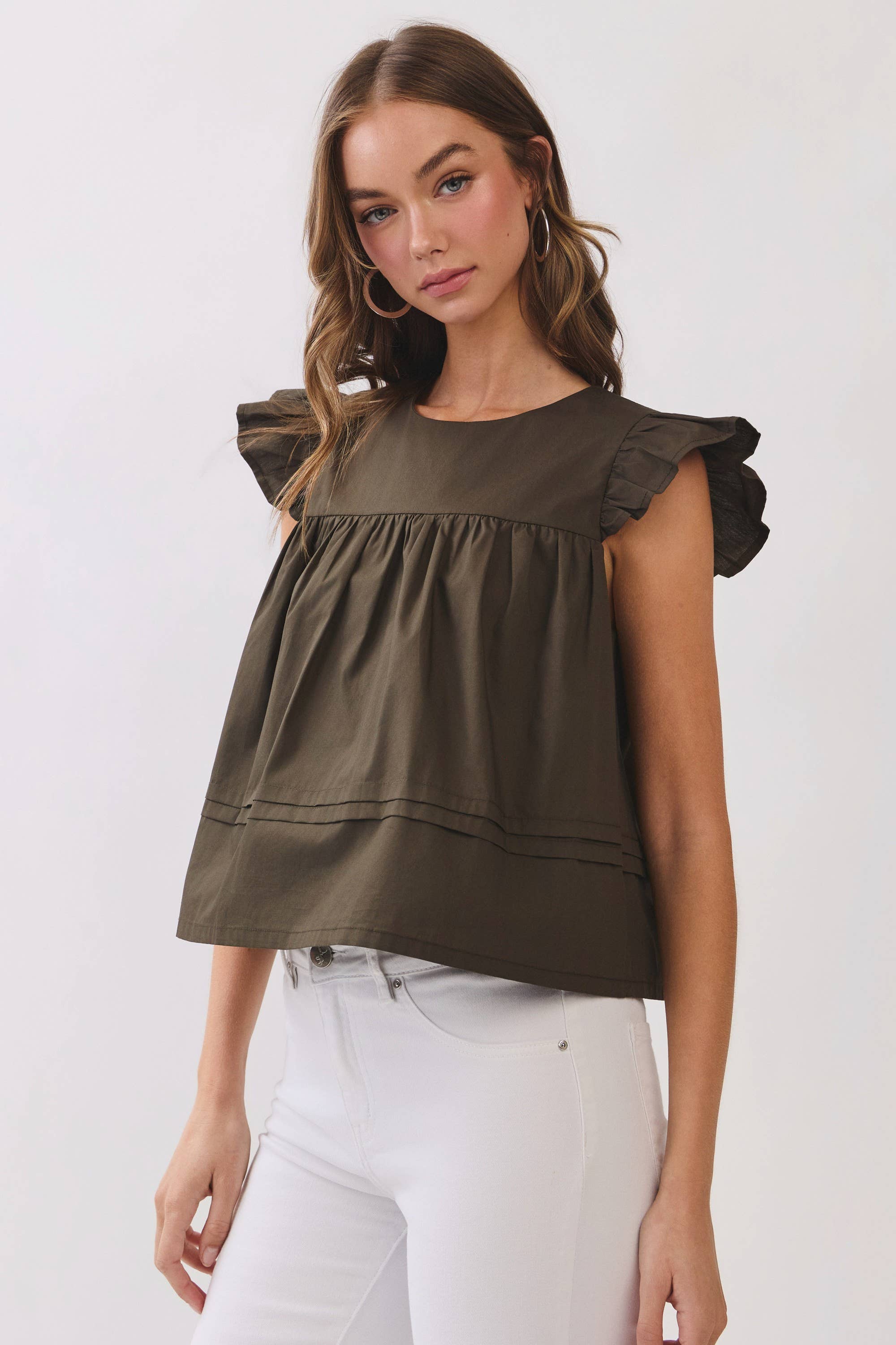 Olive Ruffle Sleeve Top