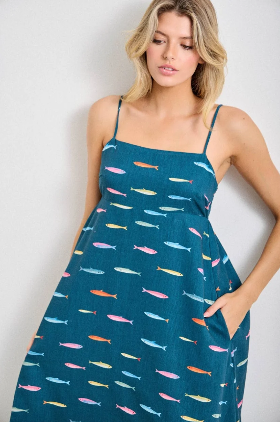 Teal Fishies Midi Dress