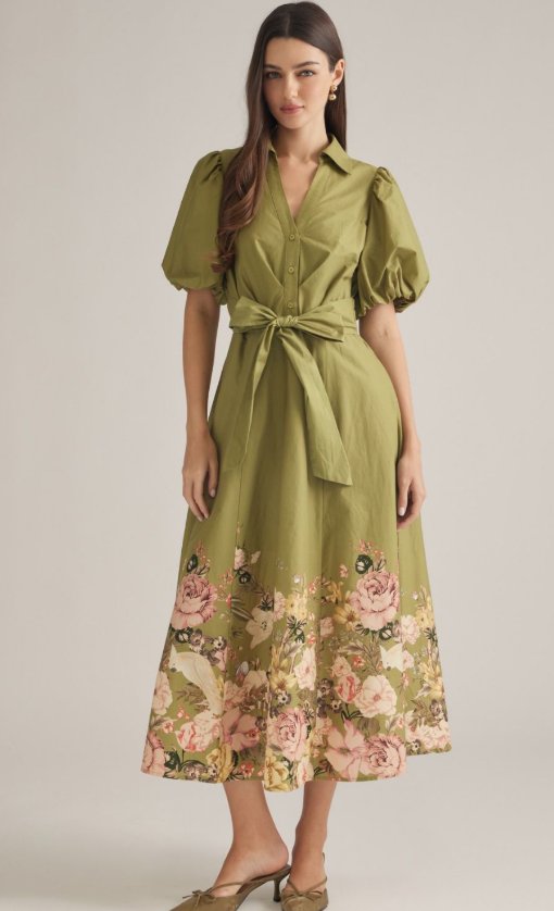 Olive Puff Sleeve Shirt Dress