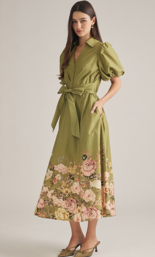 Olive Puff Sleeve Shirt Dress